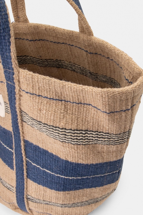 Wicker boho bag with blue stripes