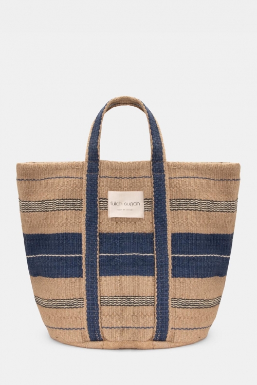 Wicker boho bag with blue stripes