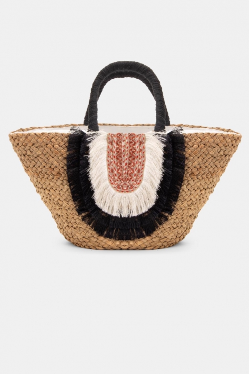 Wicker basket bag with black and white details