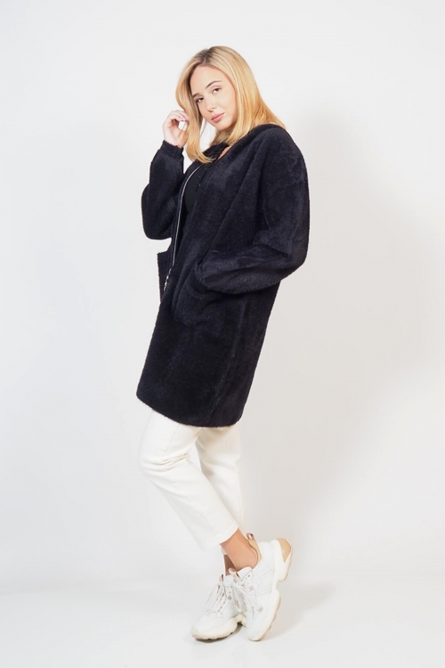 Soft fluffy cardigan coat with zipper and pockets