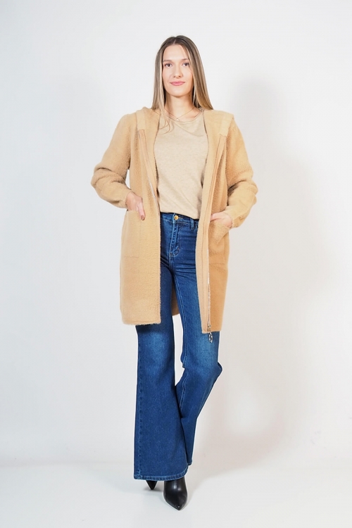 Soft fluffy cardigan coat with zipper and pockets