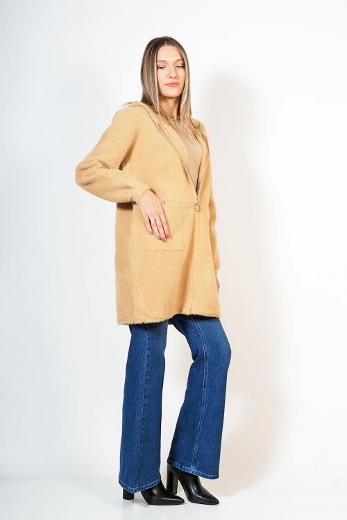 Soft fluffy cardigan coat with zipper and pockets